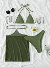 Solider Neckholder-Badeanzug mit ausgehöhltem Netzstoff zum Selbstbinden, 3-teilig